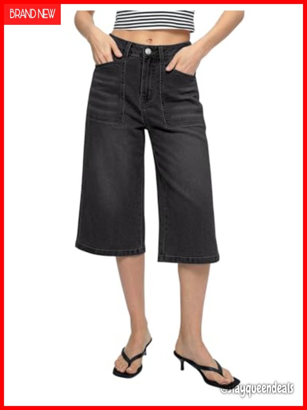 High Waisted Wide Leg Capri Jeans Stretchy Denim Culottes with Pockets
